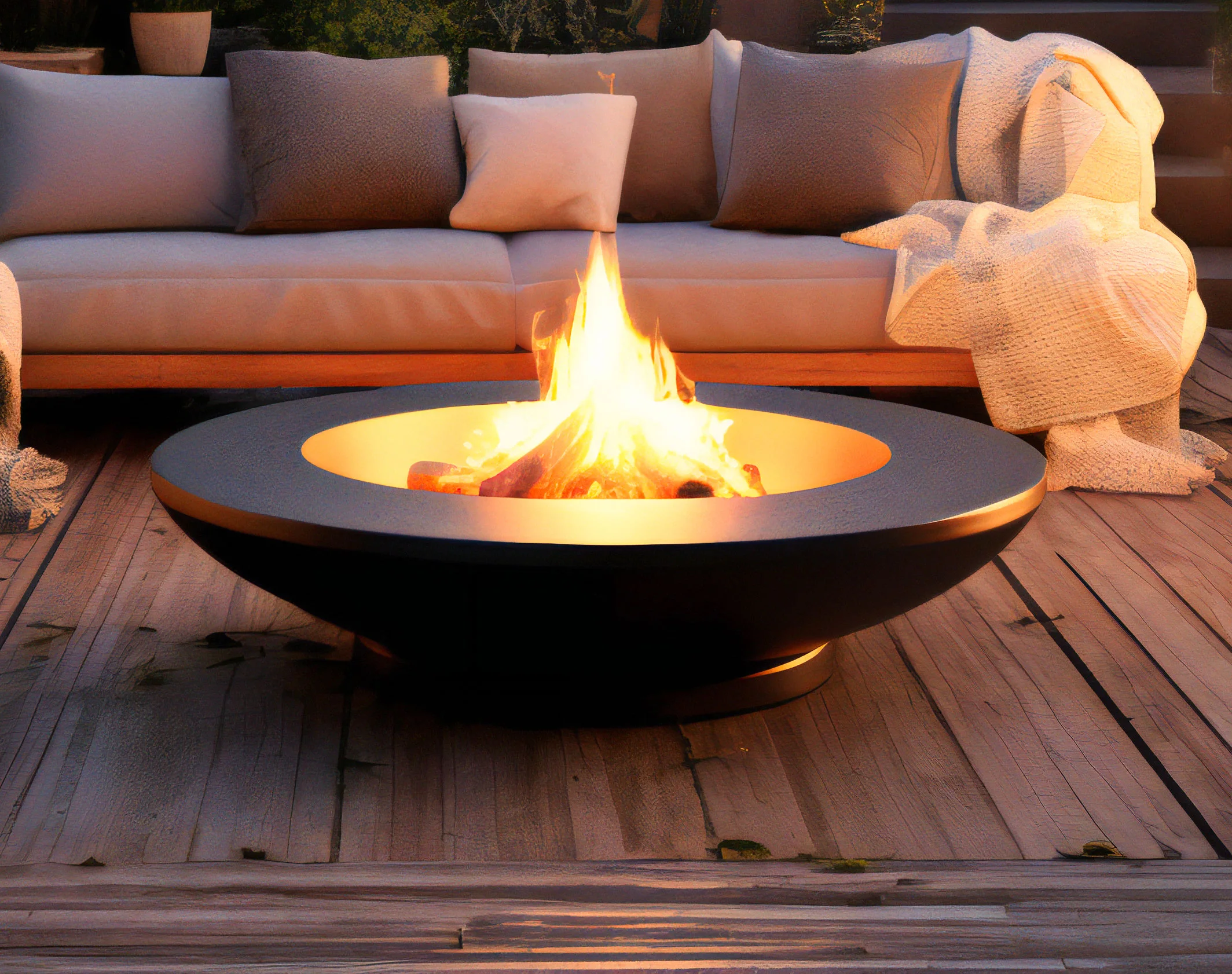 Outdoor sofa with neutral pillows and a draped blanket beside a low round fire pit with flames on a wooden deck