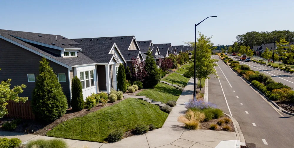 A row of modern suburban houses with well-maintained lawns, trees, and bushes line a quiet street. A sidewalk runs next to the houses and a road with light traffic is on the right.