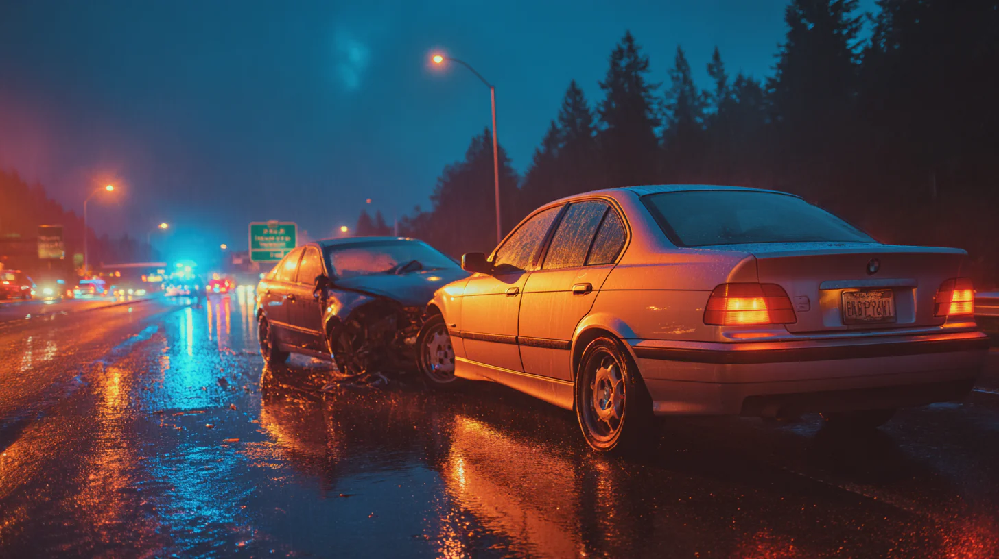 Two cars involved in a collision on a wet highway at night, surrounded by illuminated emergency vehicles. The scene is dimly lit with reflections on the road's surface.