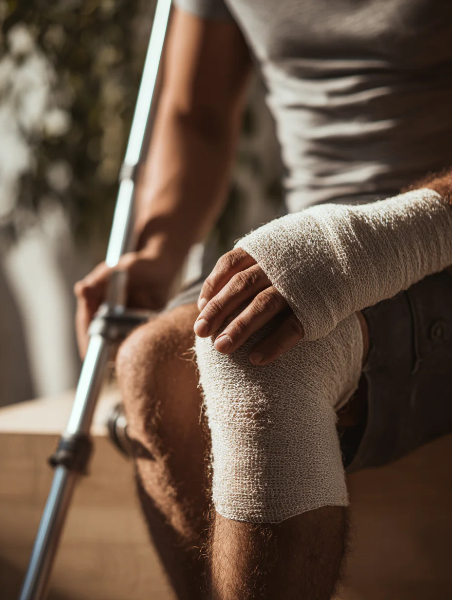 A person with a bandaged knee and hand holds a crutch while sitting. Their other hand rests on their knee, showing recovery and mobility aid. Sunlight casts soft shadows.