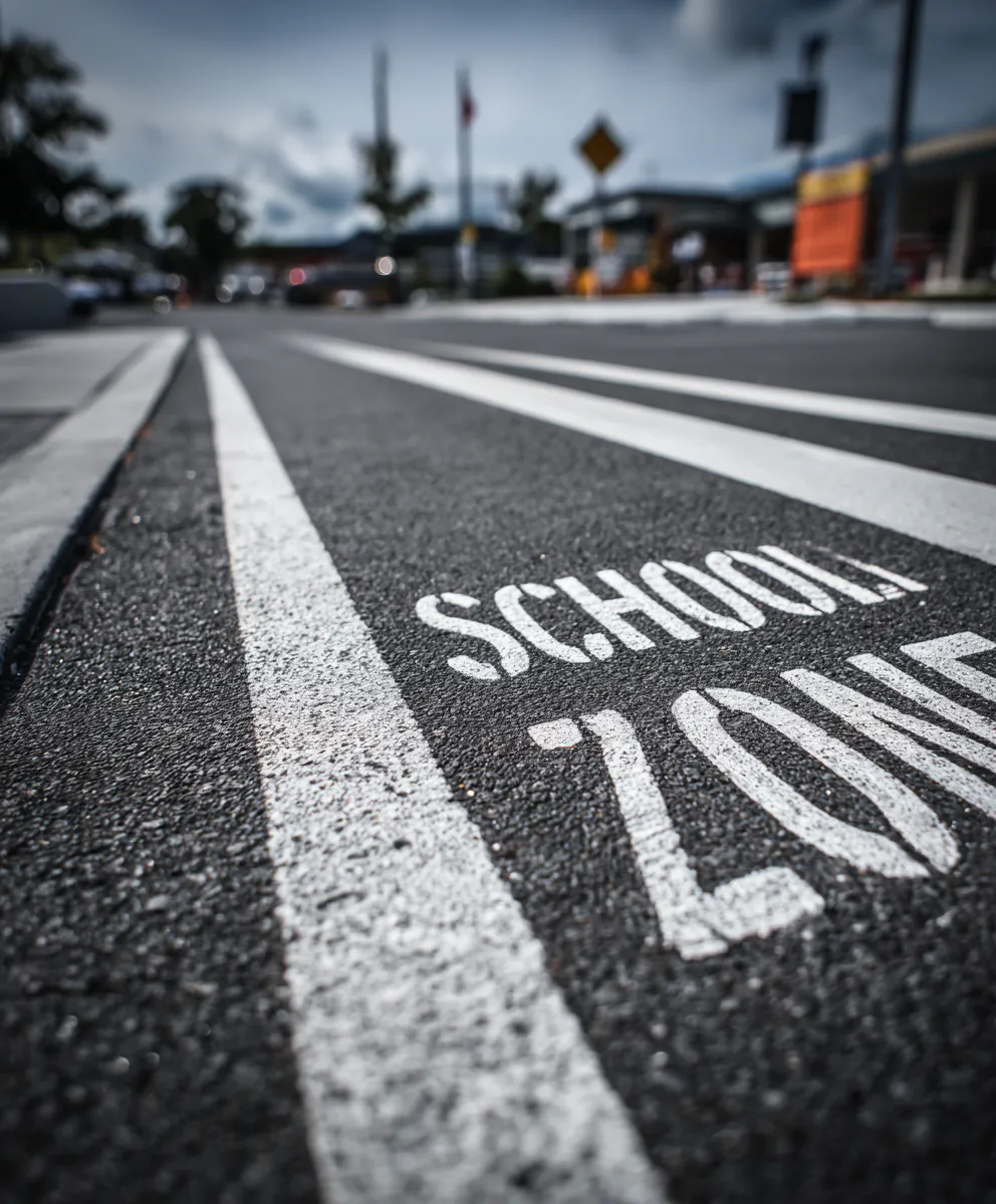 A road with white lines and SCHOOL ZONE painted on the asphalt, leading to a blurred background of trees and buildings, indicating a school area.