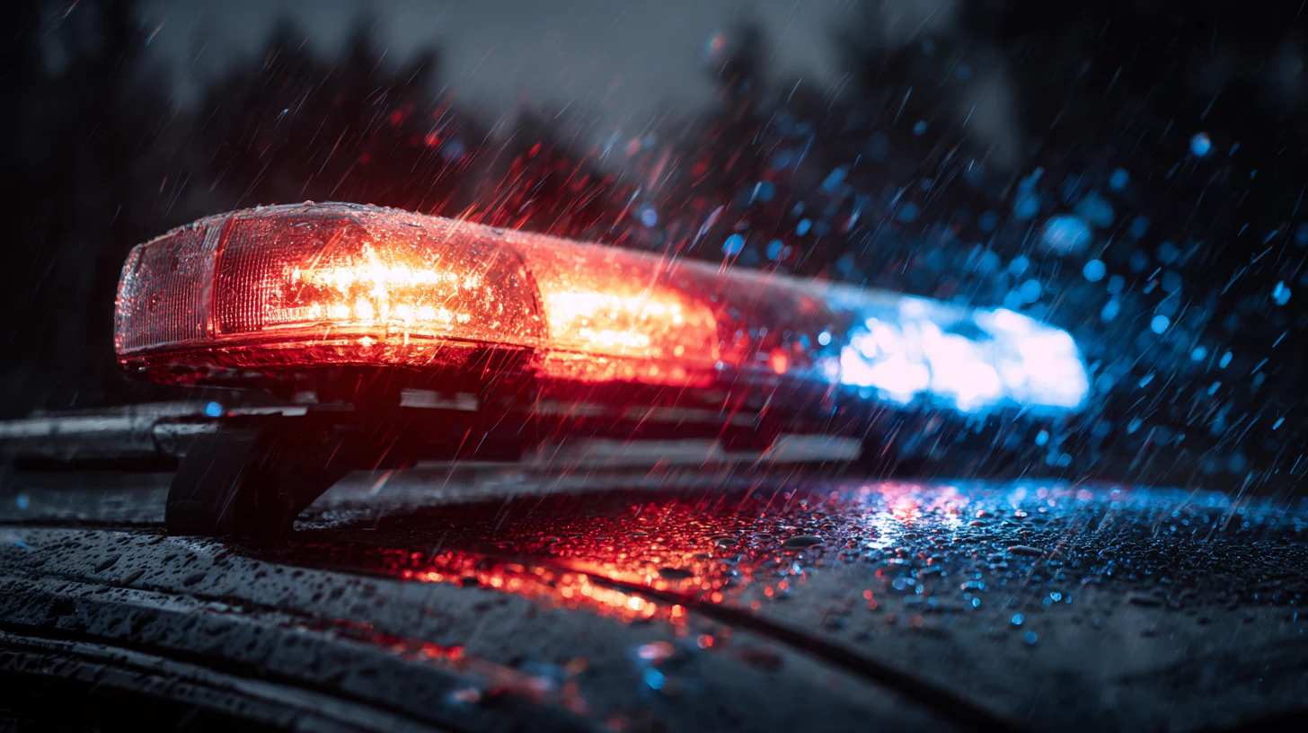 Close-up of a police car's red and blue lights flashing in the rain, with water droplets on the vehicle's surface and blurred trees in the background.