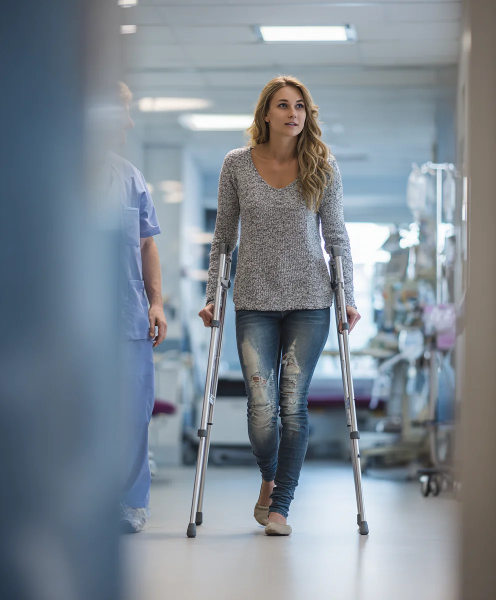 Woman in a gray sweater and jeans uses crutches to walk down a hospital corridor, accompanied by a healthcare professional in blue scrubs.