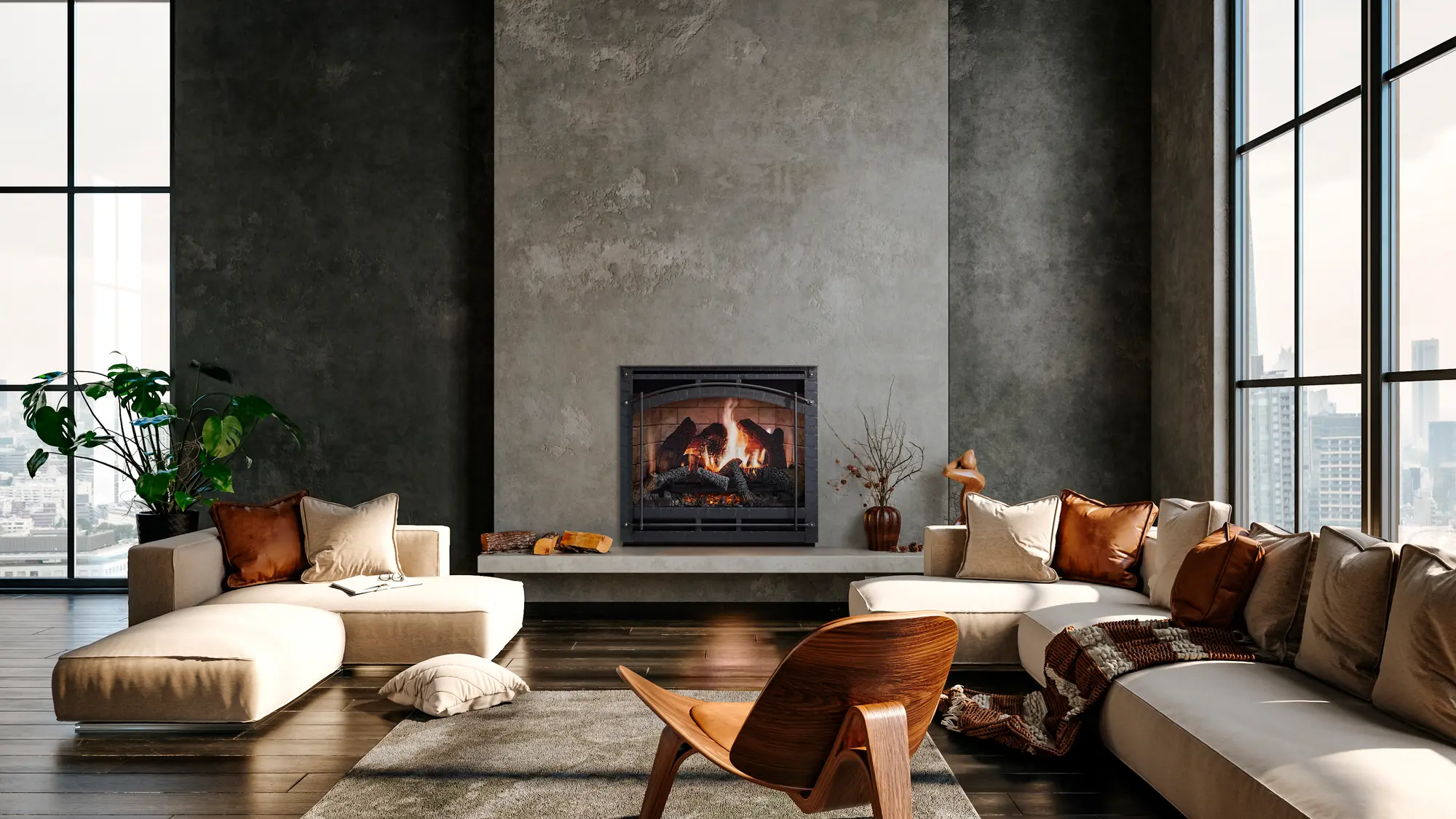 Modern living room with high ceilings, floor-to-ceiling windows, beige sectional sofas, wooden chair, and a fireplace in the center. Green plant and decor items enhance the cozy ambiance.