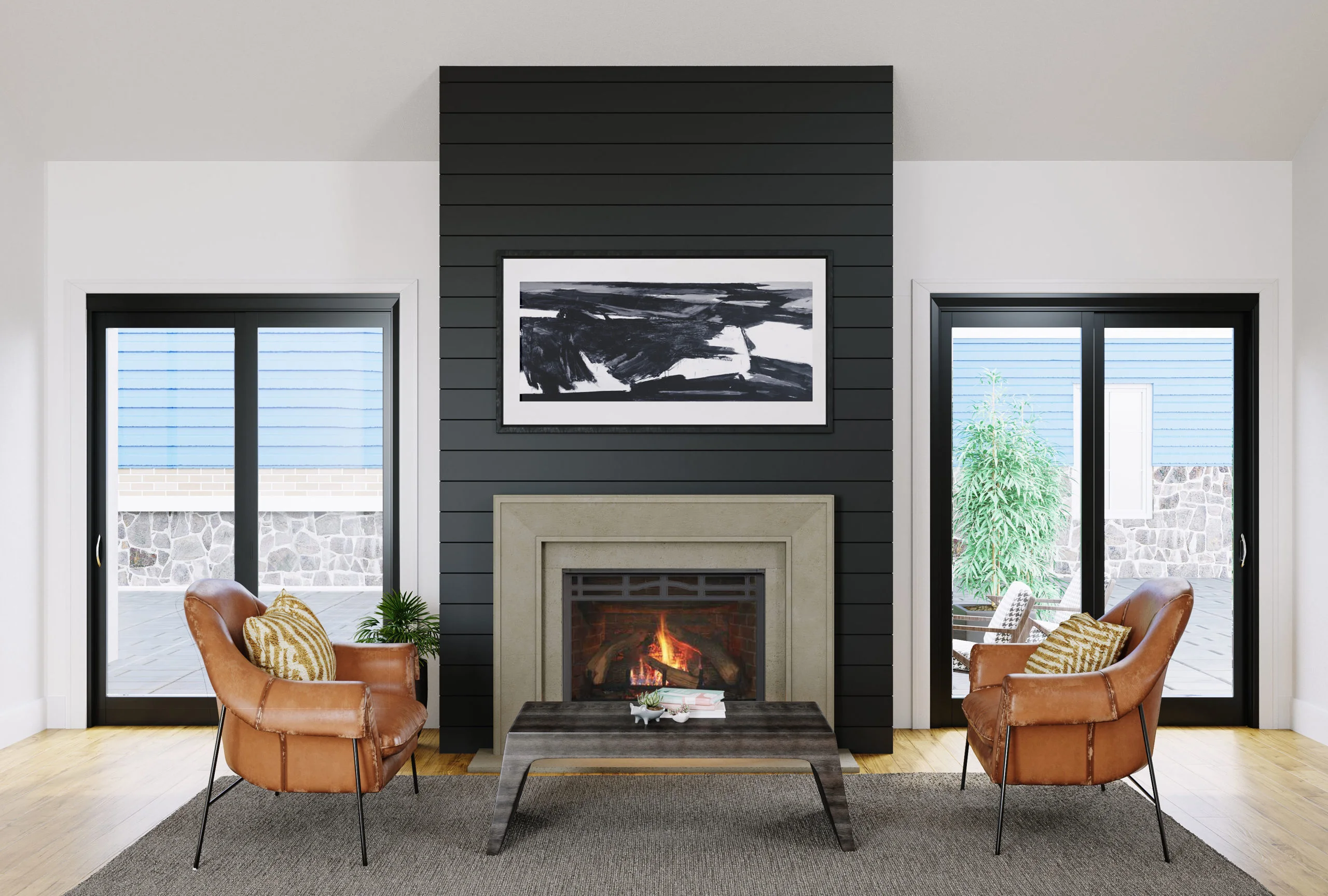A modern living room with a black accent wall, fireplace, abstract painting, and two brown leather chairs with patterned pillows. Large windows and sliding doors flank the fireplace.