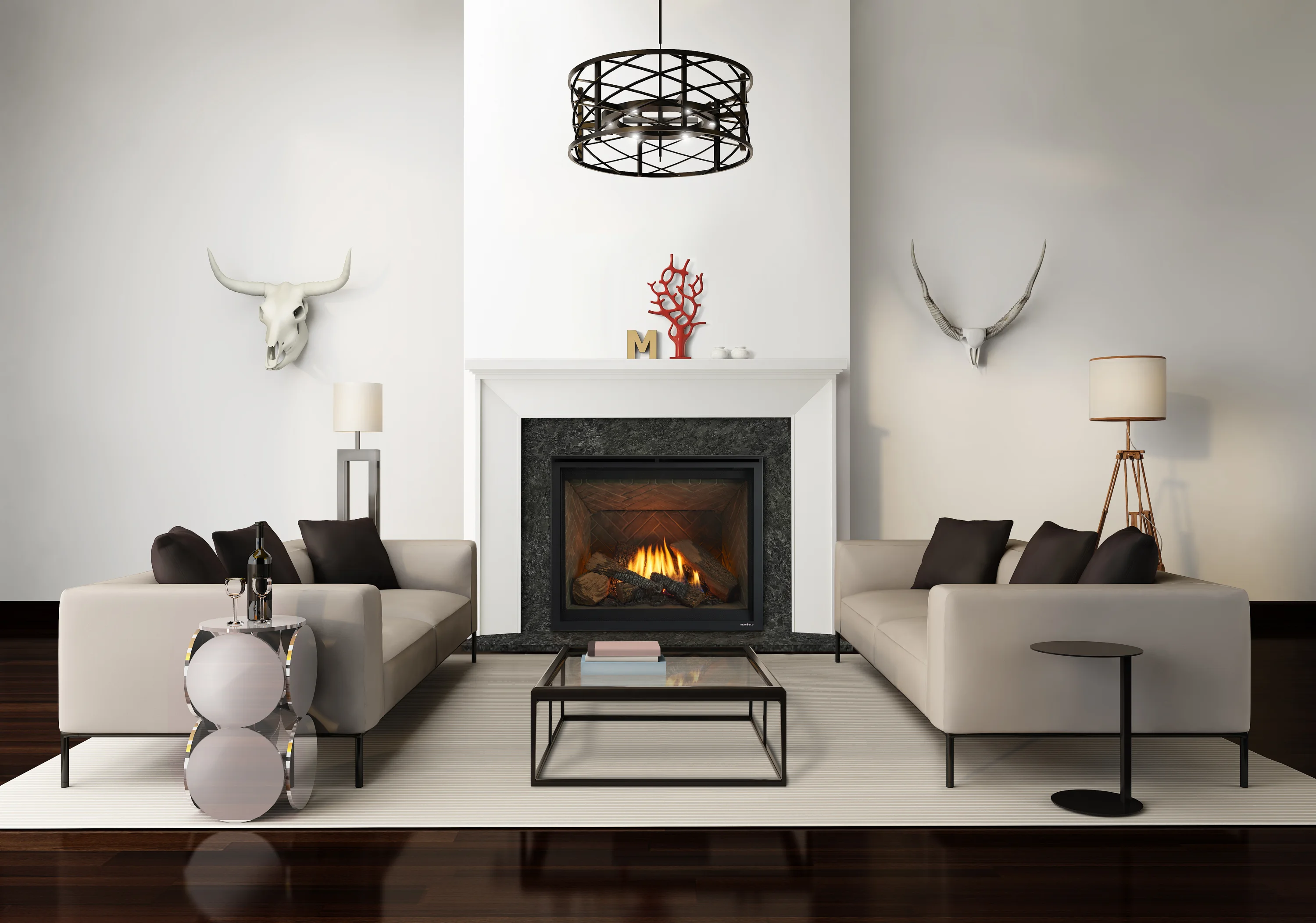 A contemporary living room setting centered around a built-in fireplace with a dark gray mantel and black surround, featuring a lit fire. The bright space is decorated symmetrically with light-colored modern sofas, a geometric black wire chandelier, a decorative mounted animal skull above the fireplace, and minimalist accents on a light floor.