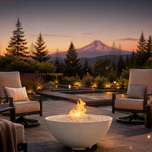 Outdoor patio at dusk with a glowing fire pit, cushioned chairs, pool and distant snow-capped mountain