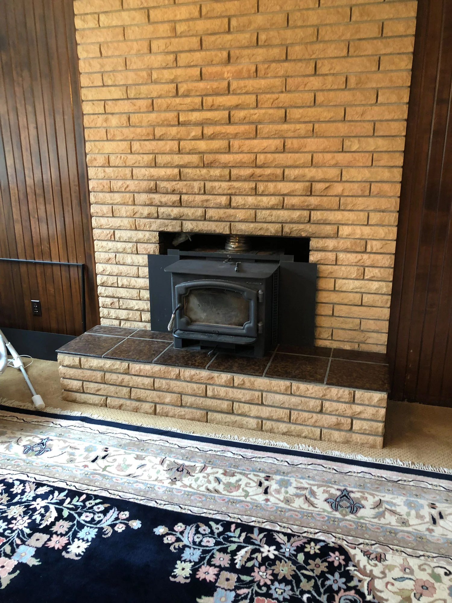 Brick fireplace with a black wood-burning stove, set on a tiled hearth, with a floral-patterned rug in the foreground. Wood paneling is on both sides of the fireplace.