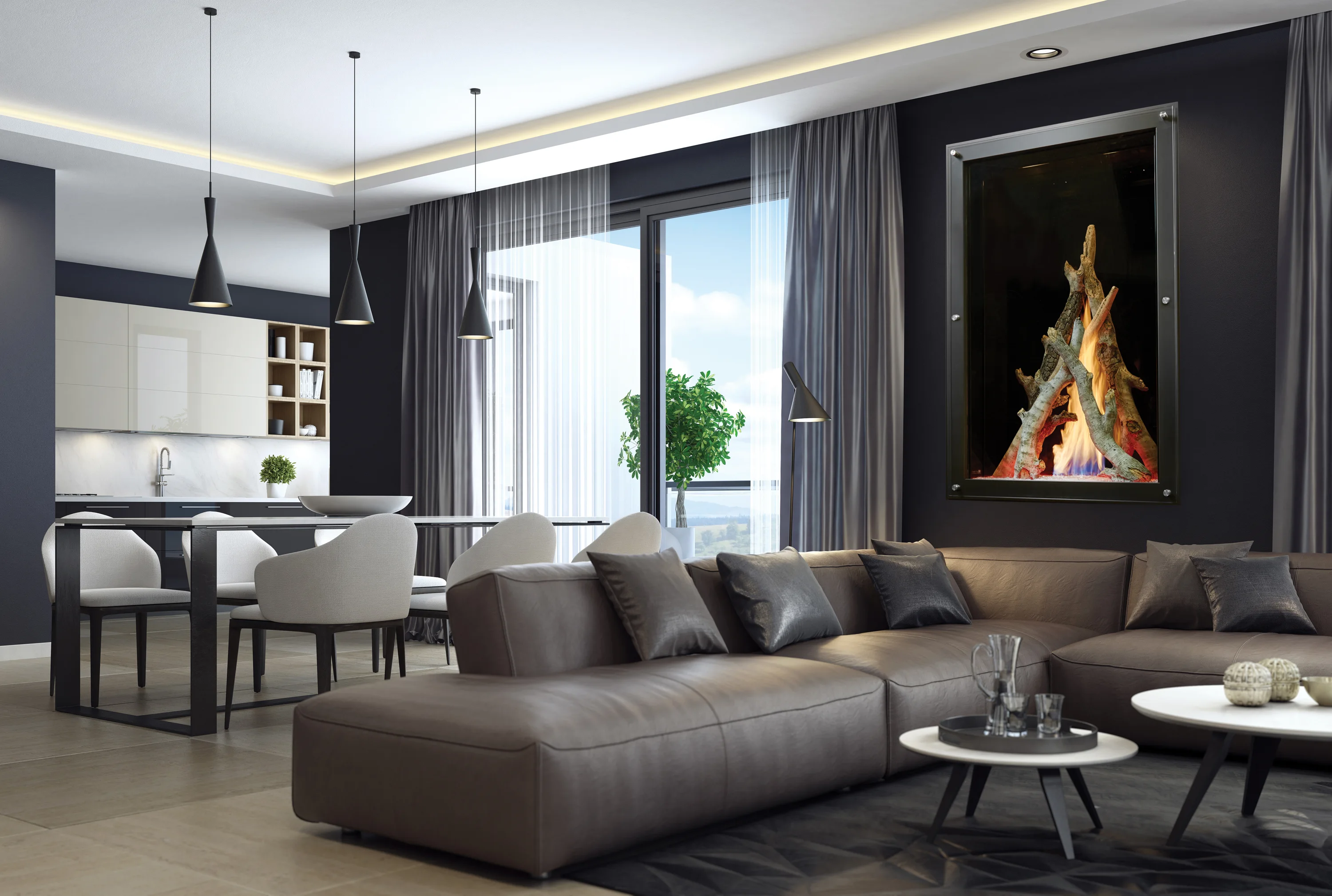 Modern open living and dining area with brown leather sectional, gray pillows, dining table, pendant lights, large window with curtains, and recessed wall fireplace