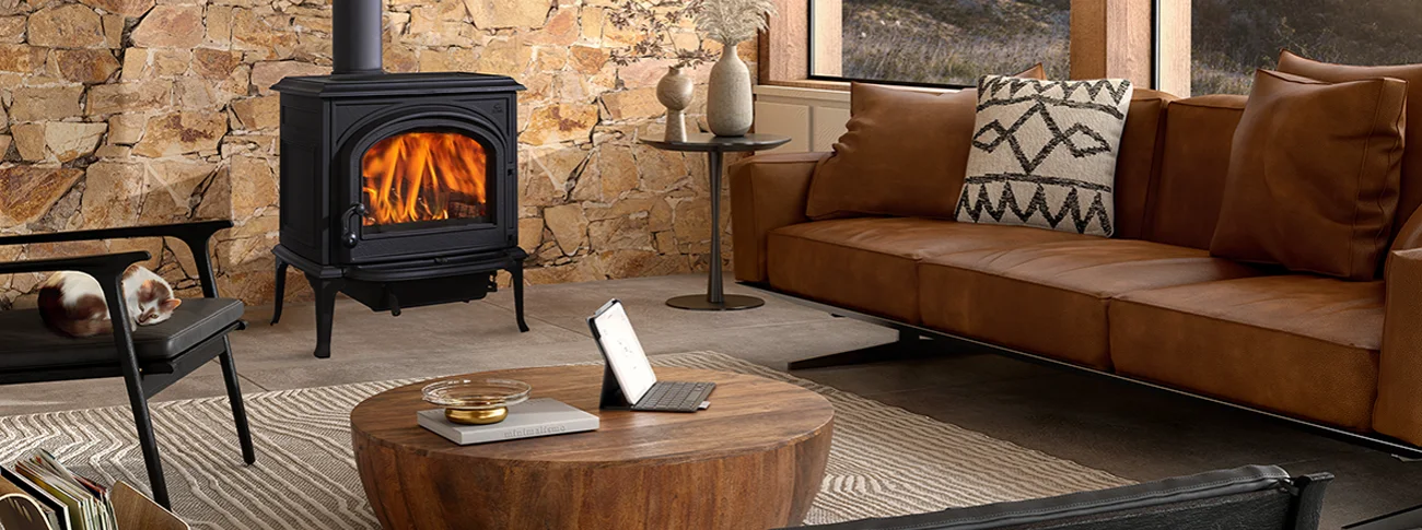 A cozy living room with a stone wall, wood-burning stove, leather couch with patterned pillows, round wooden coffee table with books, and a computer tablet. A cat sleeps on a nearby bench.
