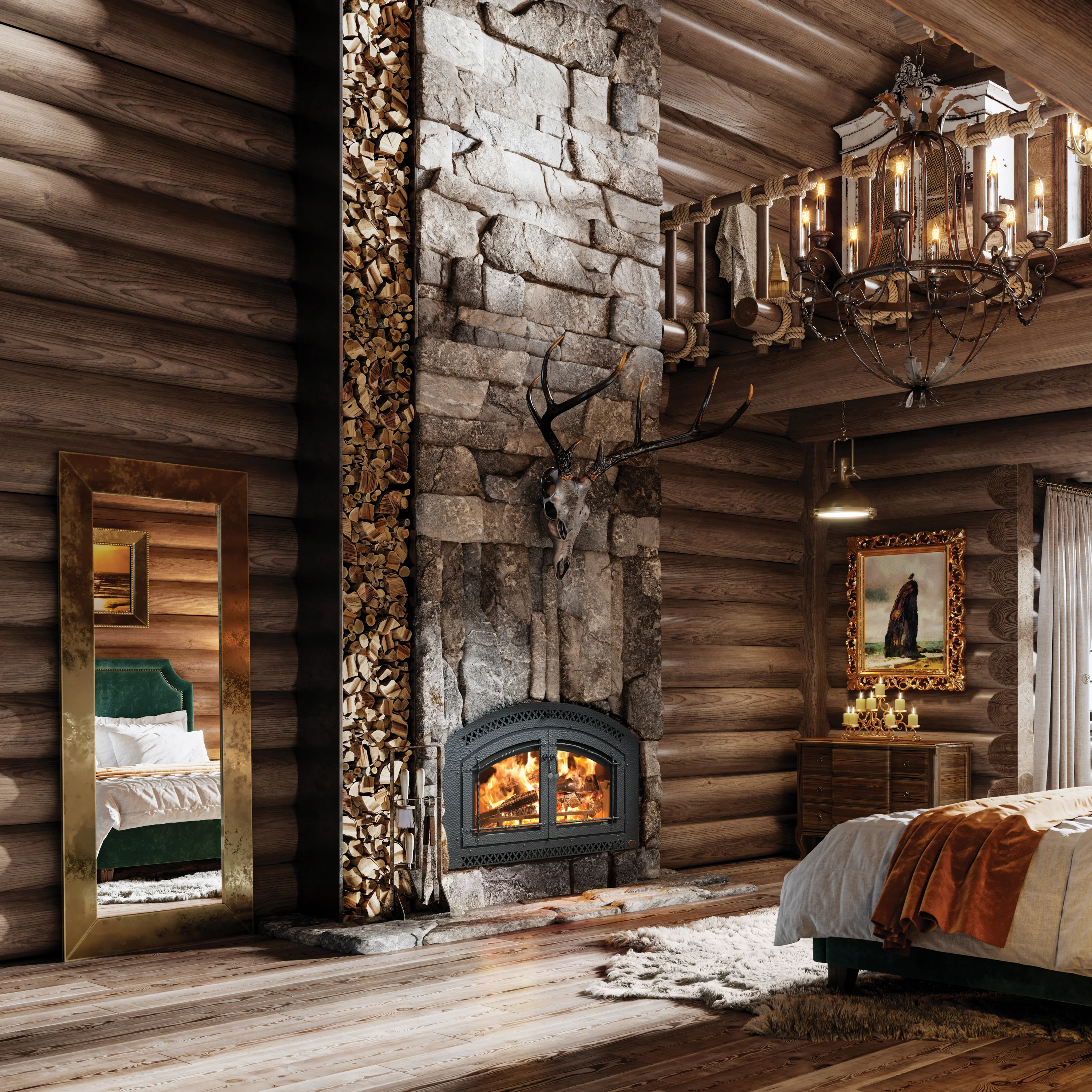Rustic cabin interior with stone fireplace and stacked firewood, roaring fire, mounted deer skull, chandelier and wooden walls