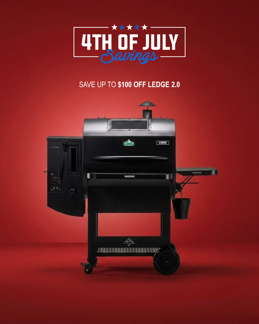 Black pellet grill on a cart against a red background with '4th of July Savings' headline and discount text