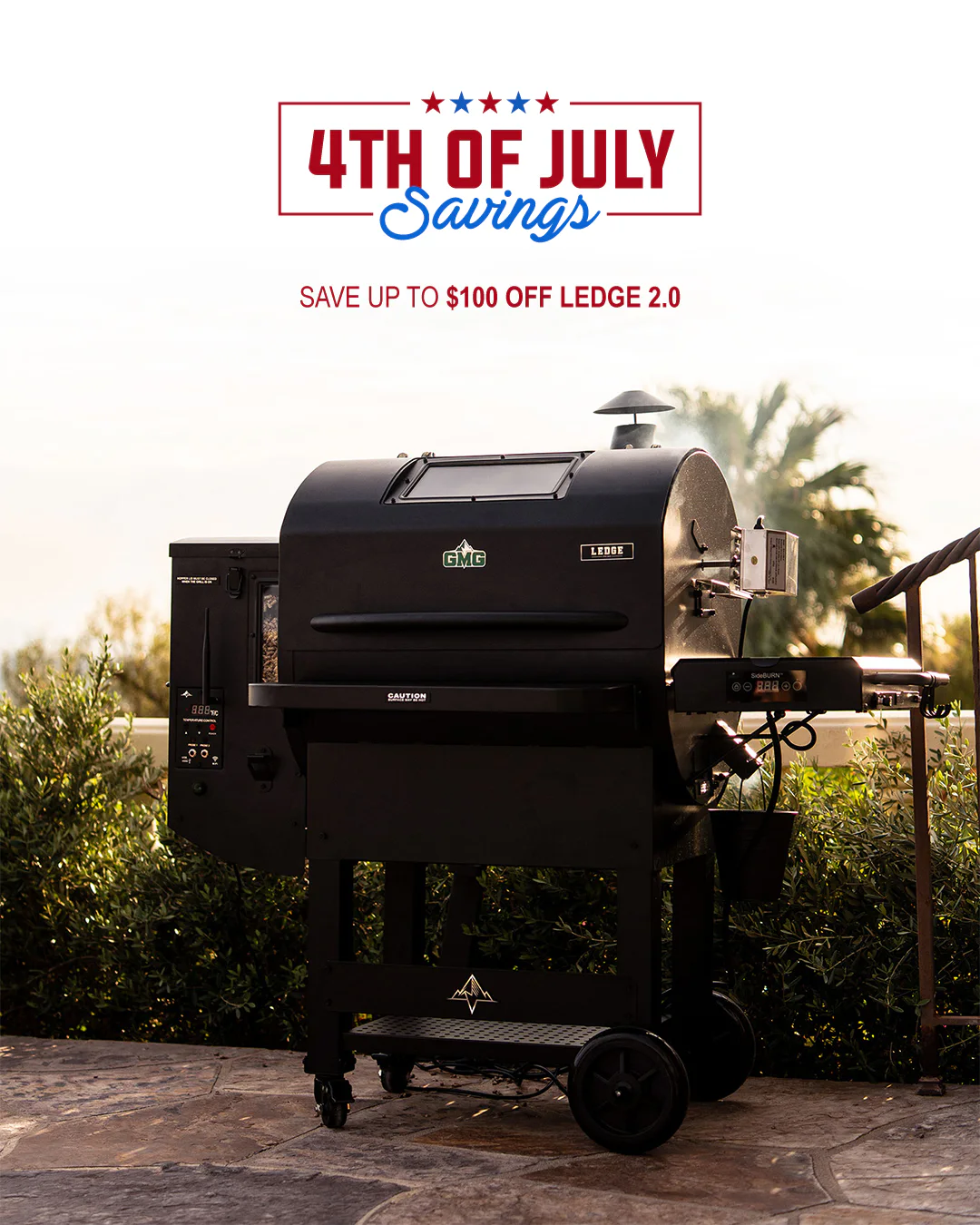 Black GMG Ledge 2.0 pellet grill on a patio, with '4th of July Savings' promotional text above