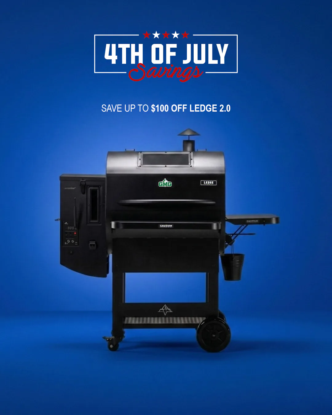 Black GMG Ledge 2.0 pellet grill centered on a blue background with 4th of July Savings banner and sale text