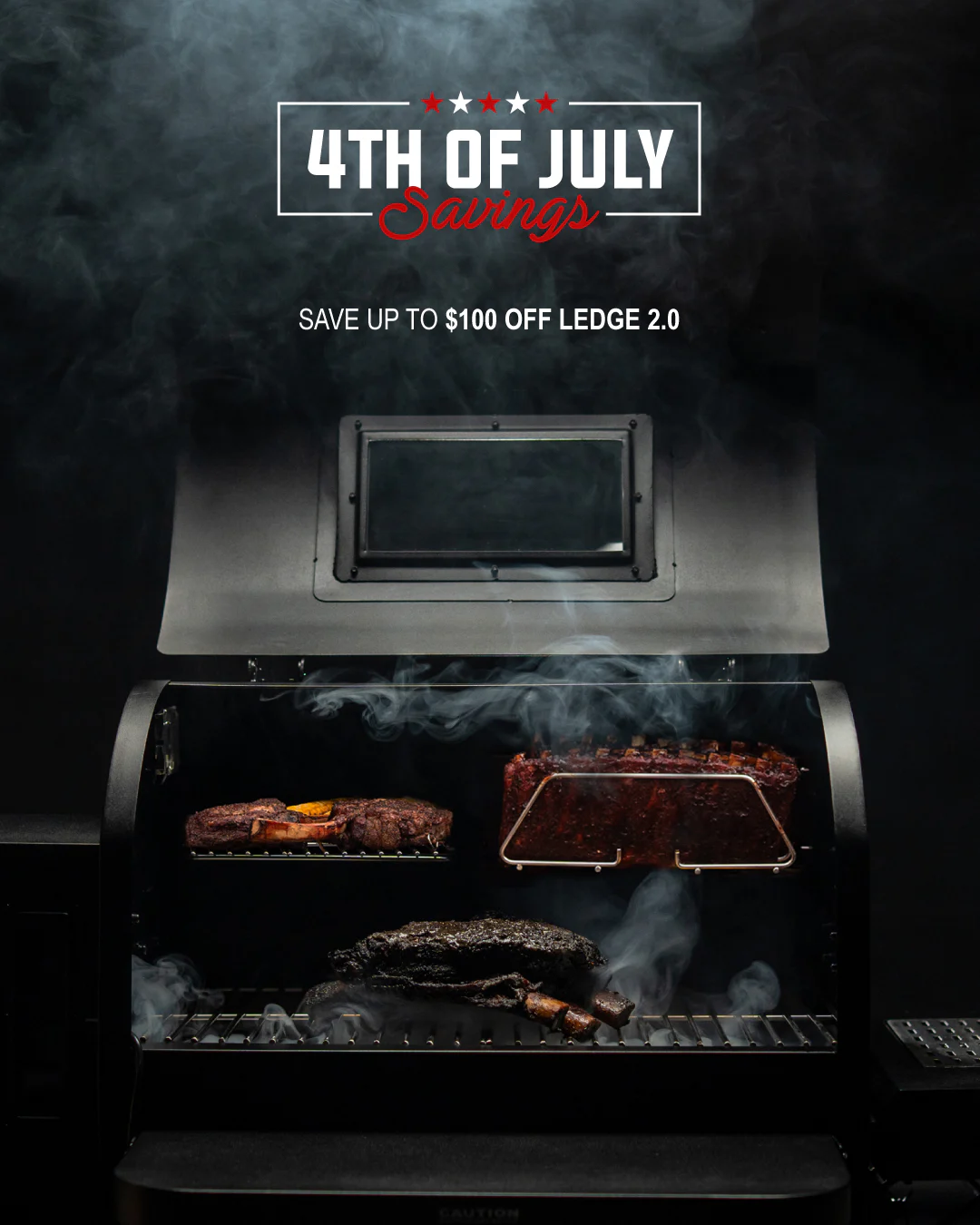 Open smoker showing ribs and brisket with smoke rising beneath a 