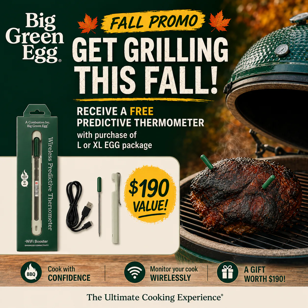 Big Green Egg fall promo showing ceramic egg grill with smoked meat and a free wireless predictive thermometer kit.