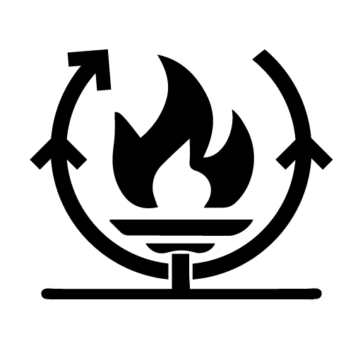 A black pixelated icon showing a fire symbol enclosed in a circular arrow loop, indicating recycling or a sustainability concept.