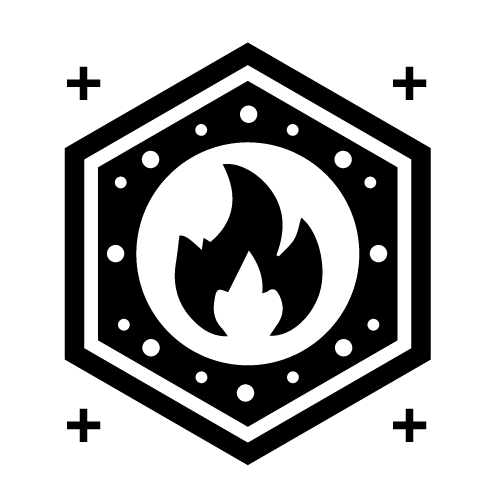 Pixel art of a flame inside a hexagon with dotted and dashed border. There are four plus signs outside each corner of the hexagon. The image is in black and white.