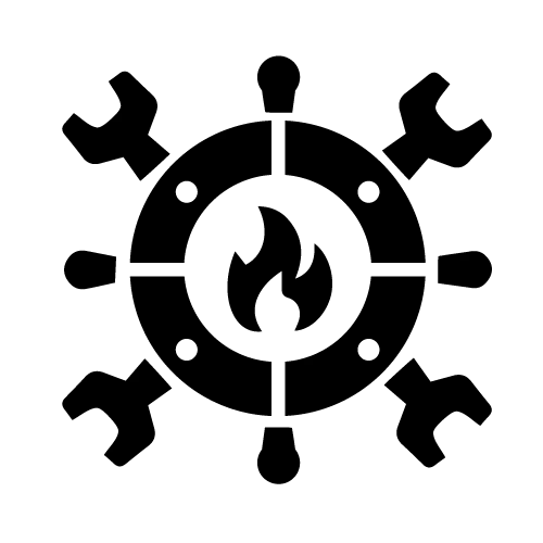 Black pixel art icon of a gauge with a flame in the center, surrounded by gear-like shapes.