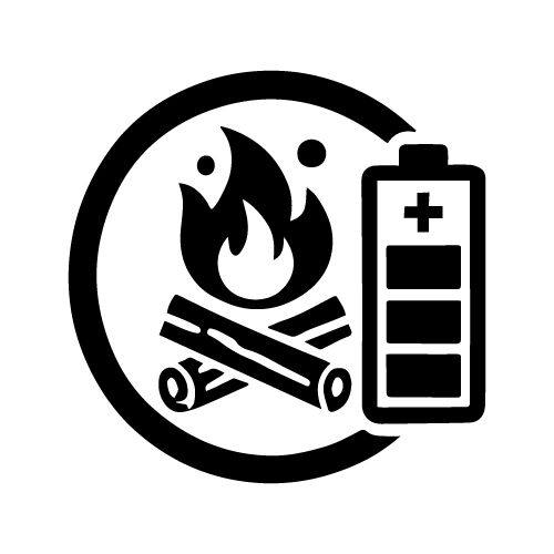 Black and white pixelated image of a battery icon with a skull and crossbones overlayed in a circle, symbolizing a warning or hazard related to battery usage.