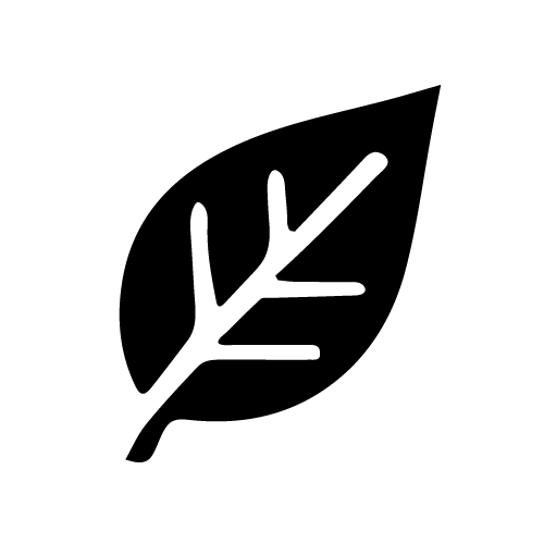 Pixelated black leaf icon with a thick white vein running through its center, resembling a simplified leaf shape on a plain white background.