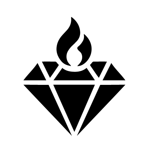 Pixelated black and white image of a diamond with a flame on top, resembling a simplified torch icon.