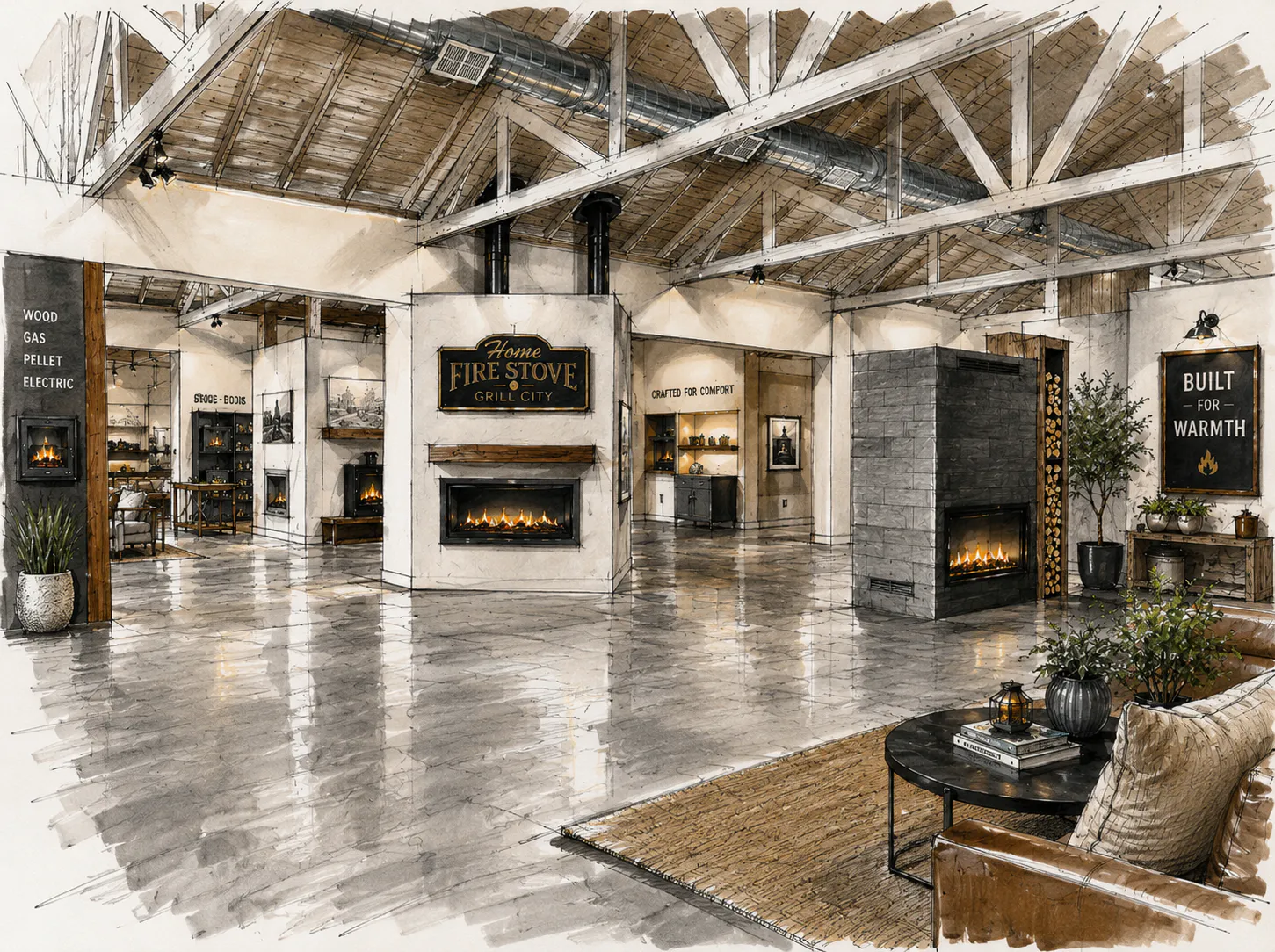 Spacious showroom with exposed wooden beams, multiple lit fireplaces, seating area and polished floor.