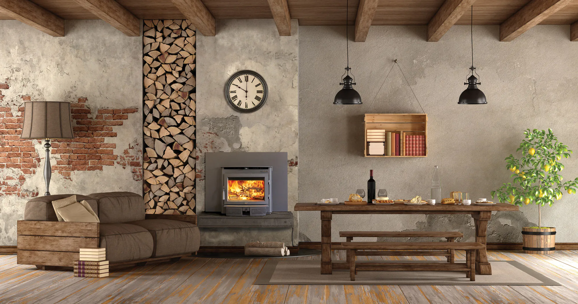 Cozy rustic living room with exposed brick, wood-beamed ceiling, and fireplace. Features a brown sofa, lamp, wall clock, table with food and drinks, bookshelf, and potted lemon tree.