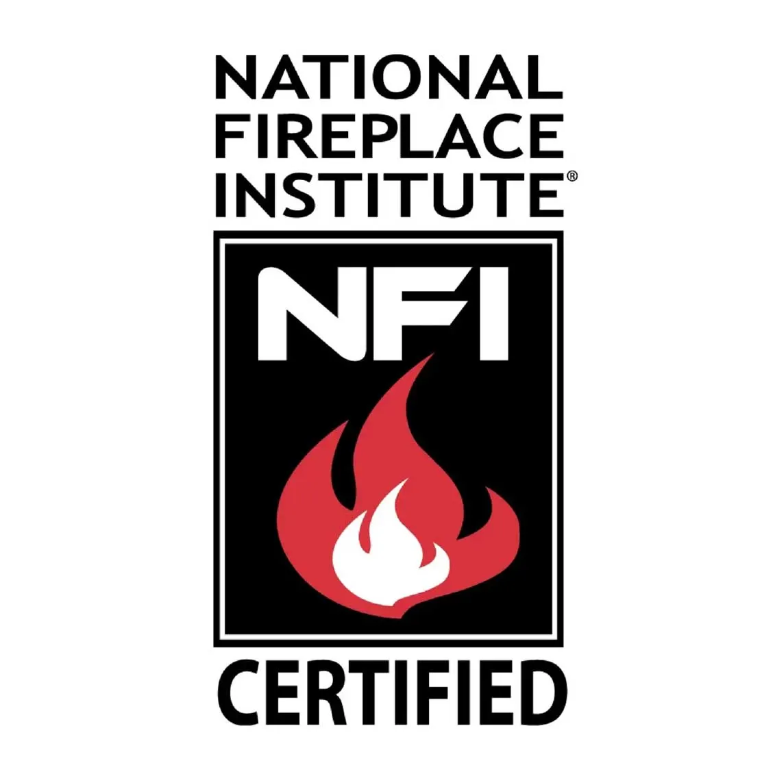 National Fireplace Institute NFI Certified logo with red and white stylized flame inside a black rectangle and text National Fireplace Institute above and Certified below