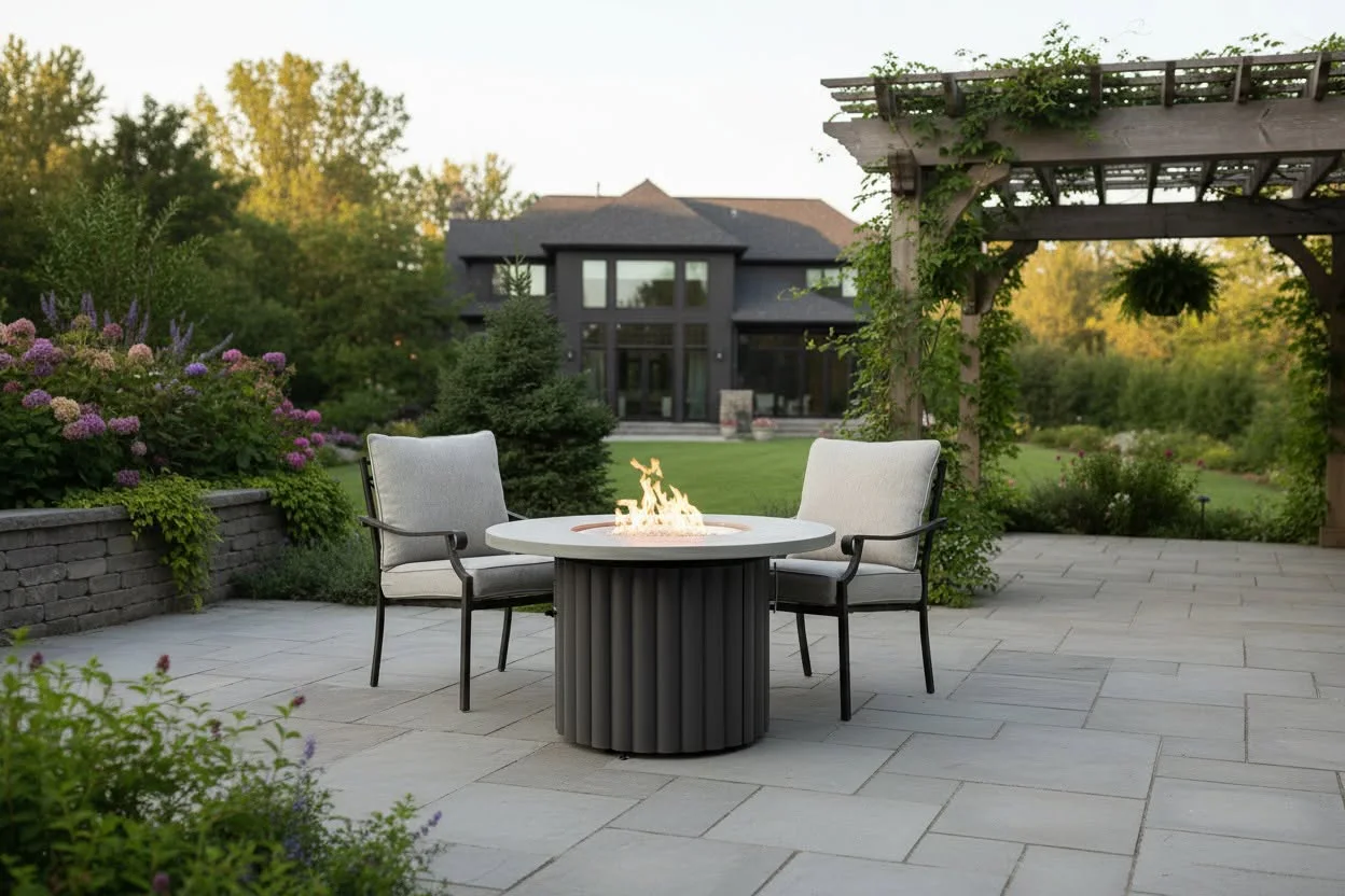 Patio scene with two cushioned chairs around a round fire pit table on stone pavers, garden and house in the background