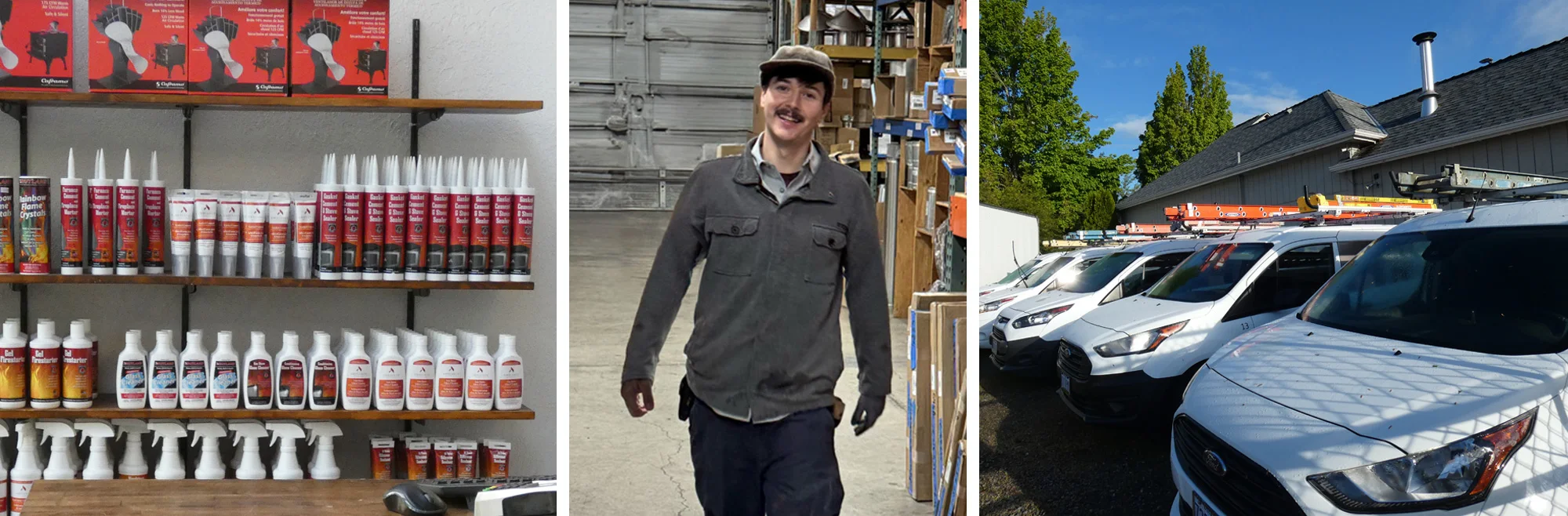 Three images: shelves with various sealants and fire products, a person walking in a warehouse, and several white service vans with ladders parked outside a building.