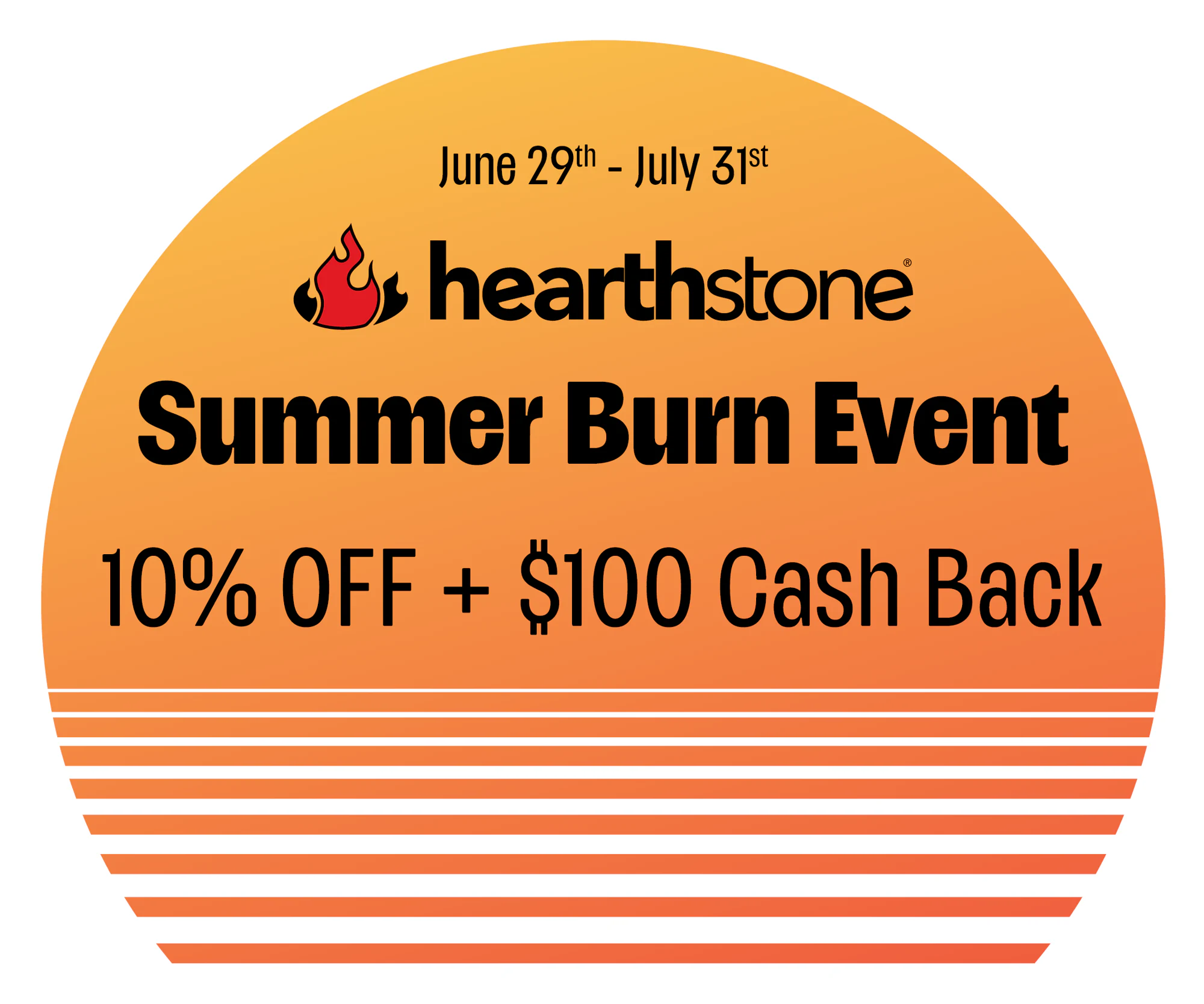 Orange circular Hearthstone 'Summer Burn Event' promo graphic showing flame logo, dates and discount offer