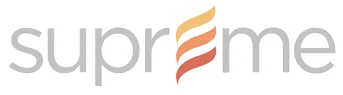 Logo of the word supreme in light gray lowercase letters, with the letter m resembling three curving stripes in shades of orange and yellow, forming a flame-like design.