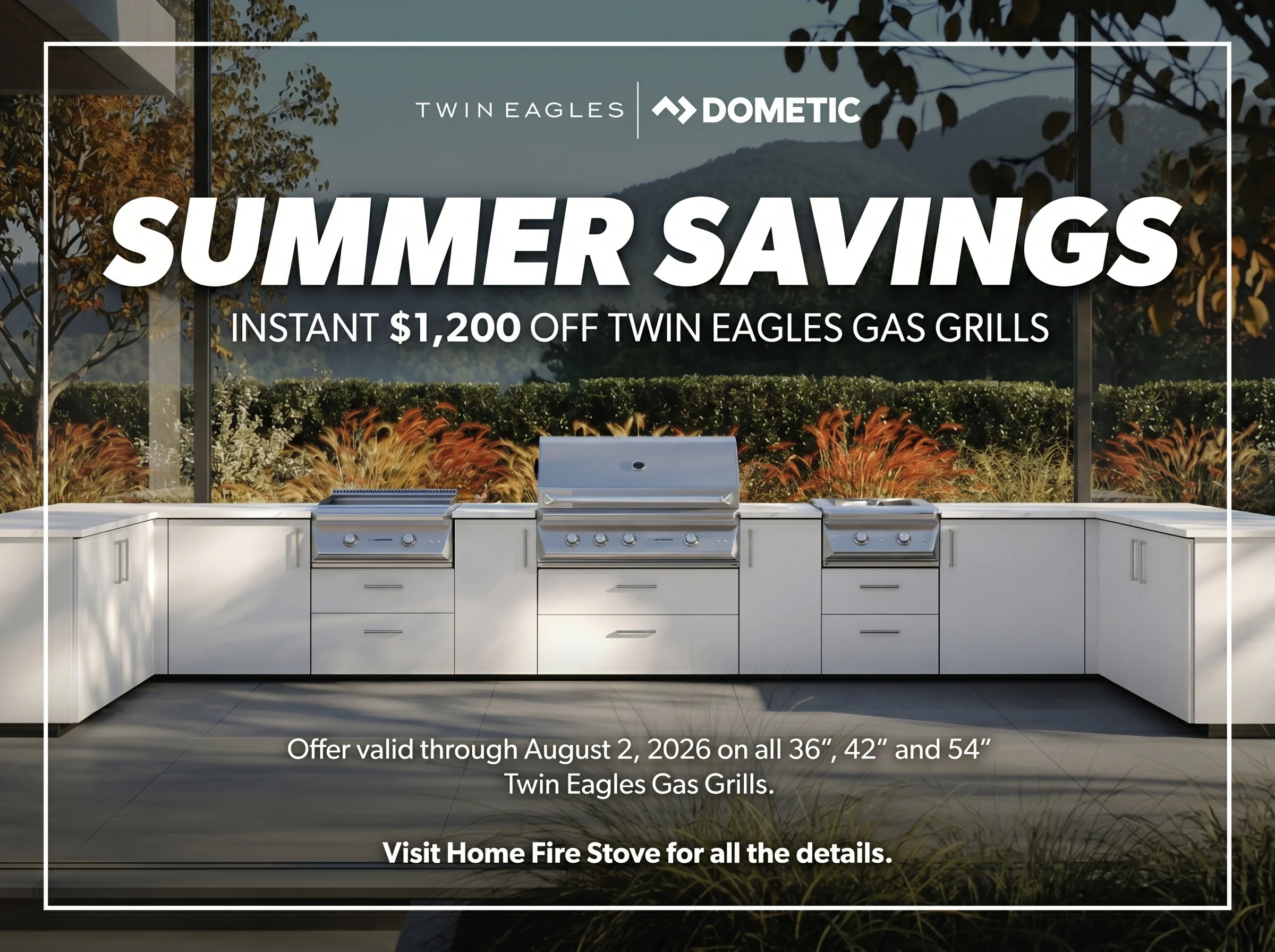Outdoor kitchen with built-in stainless Twin Eagles gas grills and white cabinetry beneath a large Summer Savings headline advertising an instant $1,200 off promotion