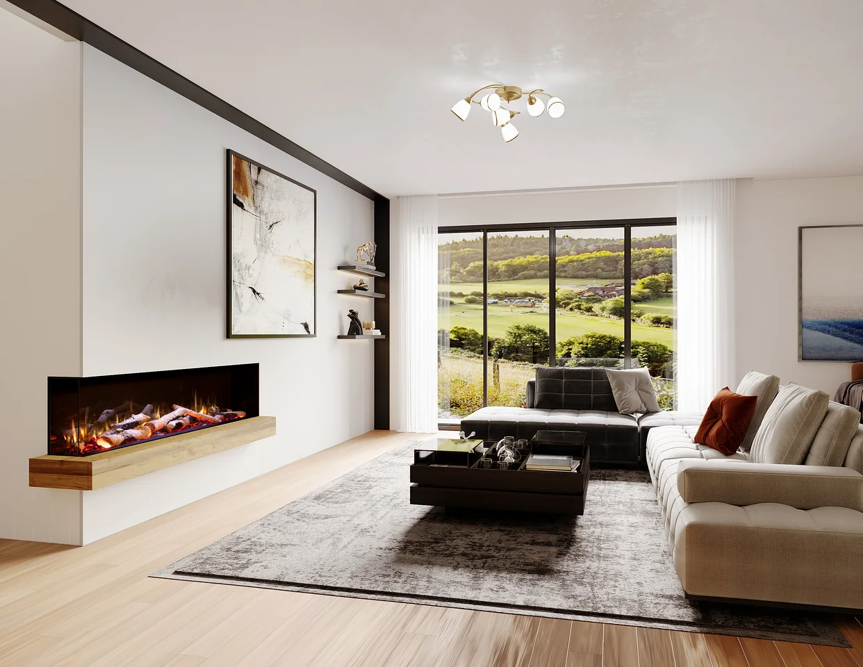 Bright modern living room with wall-mounted linear fireplace, sectional sofa and coffee table on area rug, floor-to-ceiling windows overlooking green fields.