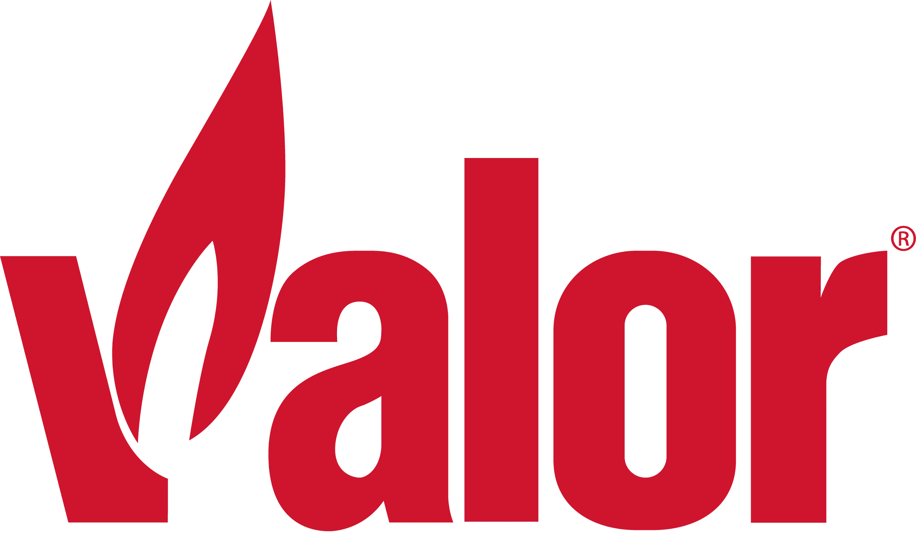 Red logo with the text Valor. The V has a flame design incorporated into it and the font is bold and solid. The logo is symbolic of strength and bravery.