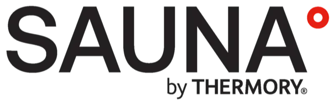 Text logo reads 'SAUNA' in black with a small red circle over the letter 'A', and 'by TrueNorth' written in smaller letters underneath.