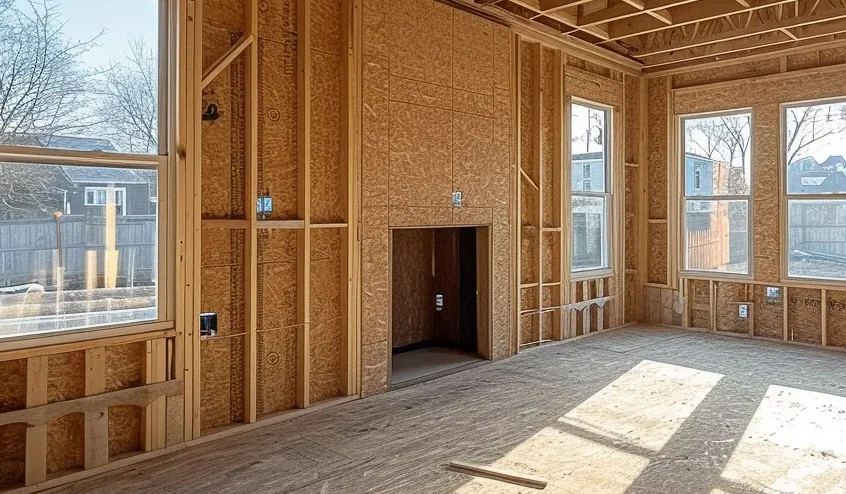 Interior view of a house under construction, featuring unfinished wooden framing, exposed beams, and several large windows letting in natural light. The room is empty with some debris on the floor.