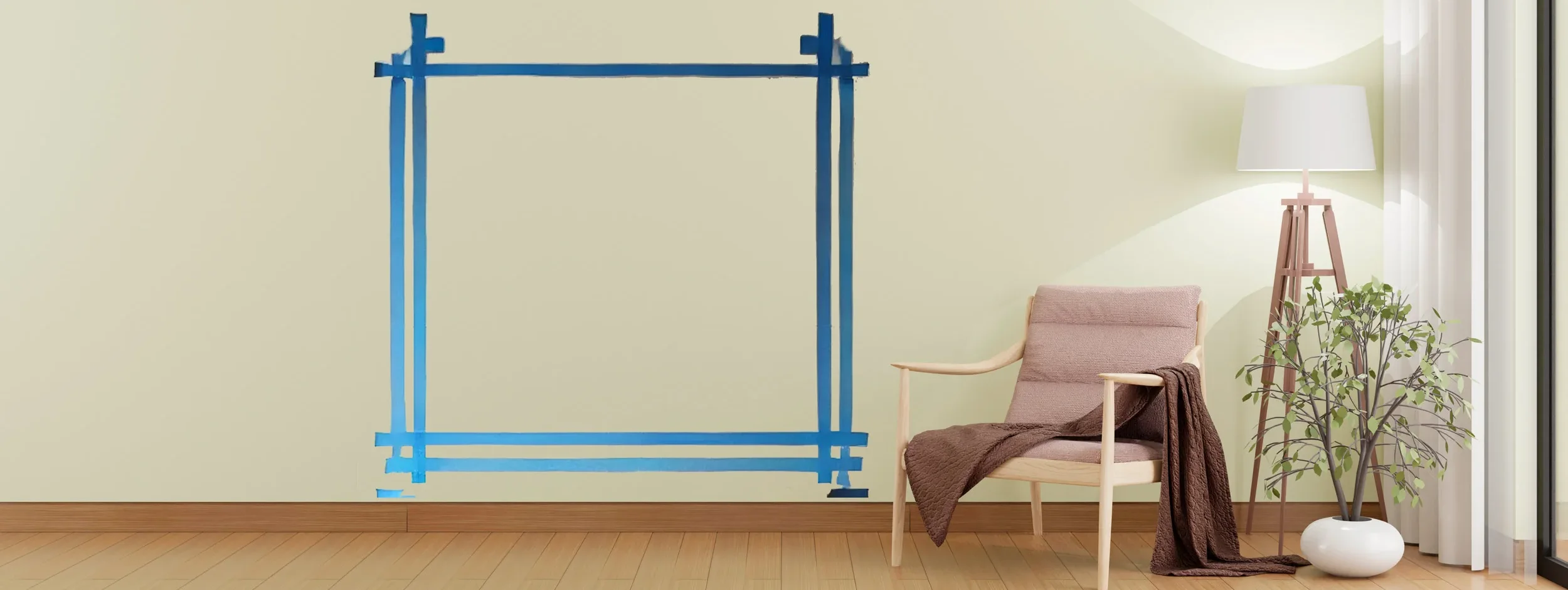 Living room setup with a wooden chair and brown blanket, a potted plant, a white floor lamp, and a taped square outline on the beige wall, adjacent to a window with curtains.