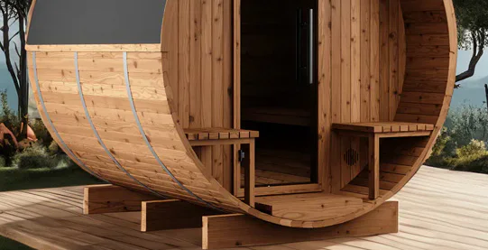 A round, wooden barrel sauna with a black roof sits on a wooden deck. The sauna has benches on either side of the door and is surrounded by trees and mountains in the background.