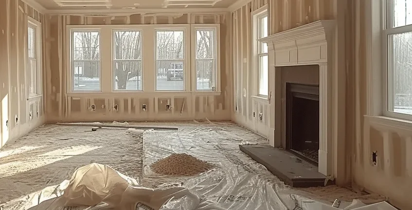 Living room under renovation with drywall installed, unpainted walls, plastic sheeting covering the floor, and a fireplace. Large windows let in natural light from outside.