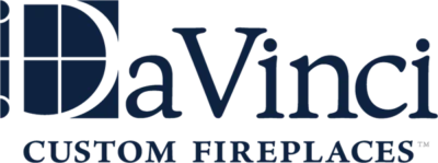 Da Vinci Custom Fireplaces text logo in dark blue font.