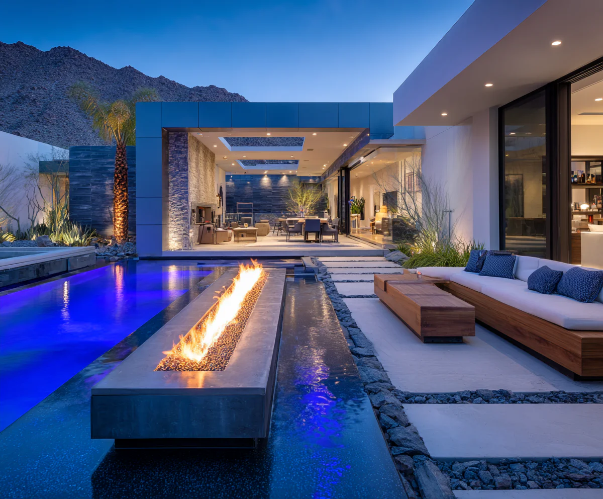 Modern luxury home exterior at dusk with a pool and linear fire feature. Open living area visible through glass doors, surrounded by desert landscaping and mountain backdrop.