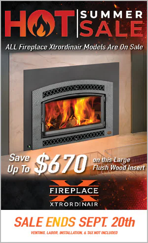 Promotional poster of a flaming wood-insert fireplace advertising 'Hot Summer Sale' — save up to $670, sale ends Sept. 20.