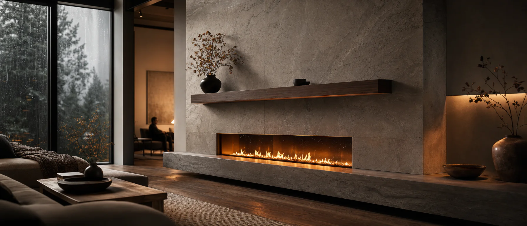 Modern living room with long recessed linear fireplace in stone wall, wood shelf with vases, large rainy window looking out to trees, person silhouetted in adjacent room.