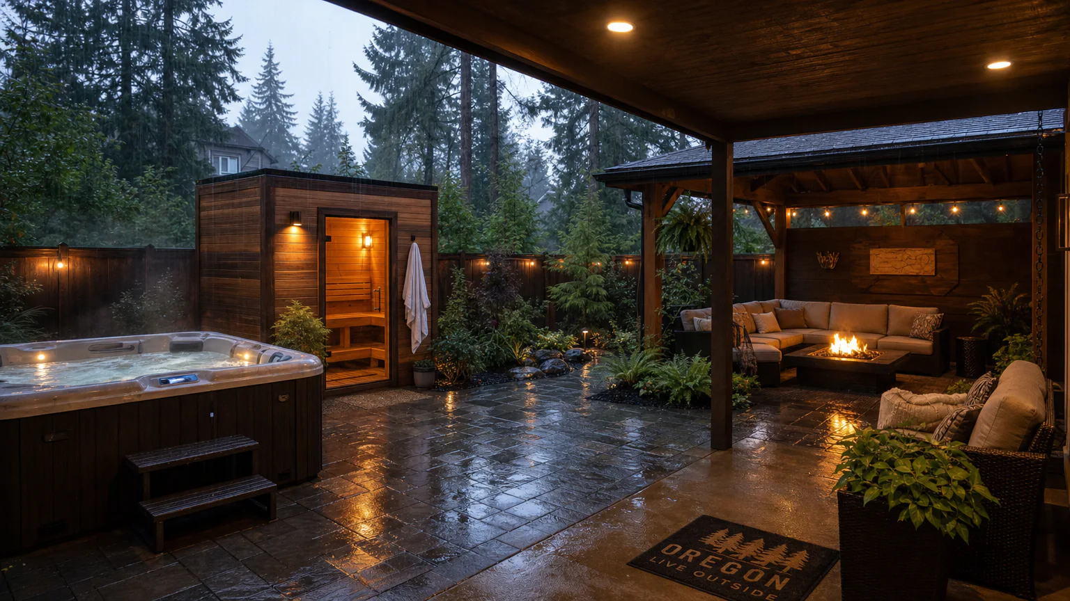 Wide shot of a covered Oregon backyard in early evening with light rain. Show a hot tub, a compact sauna cabin, and a covered seating area with a fire feature,