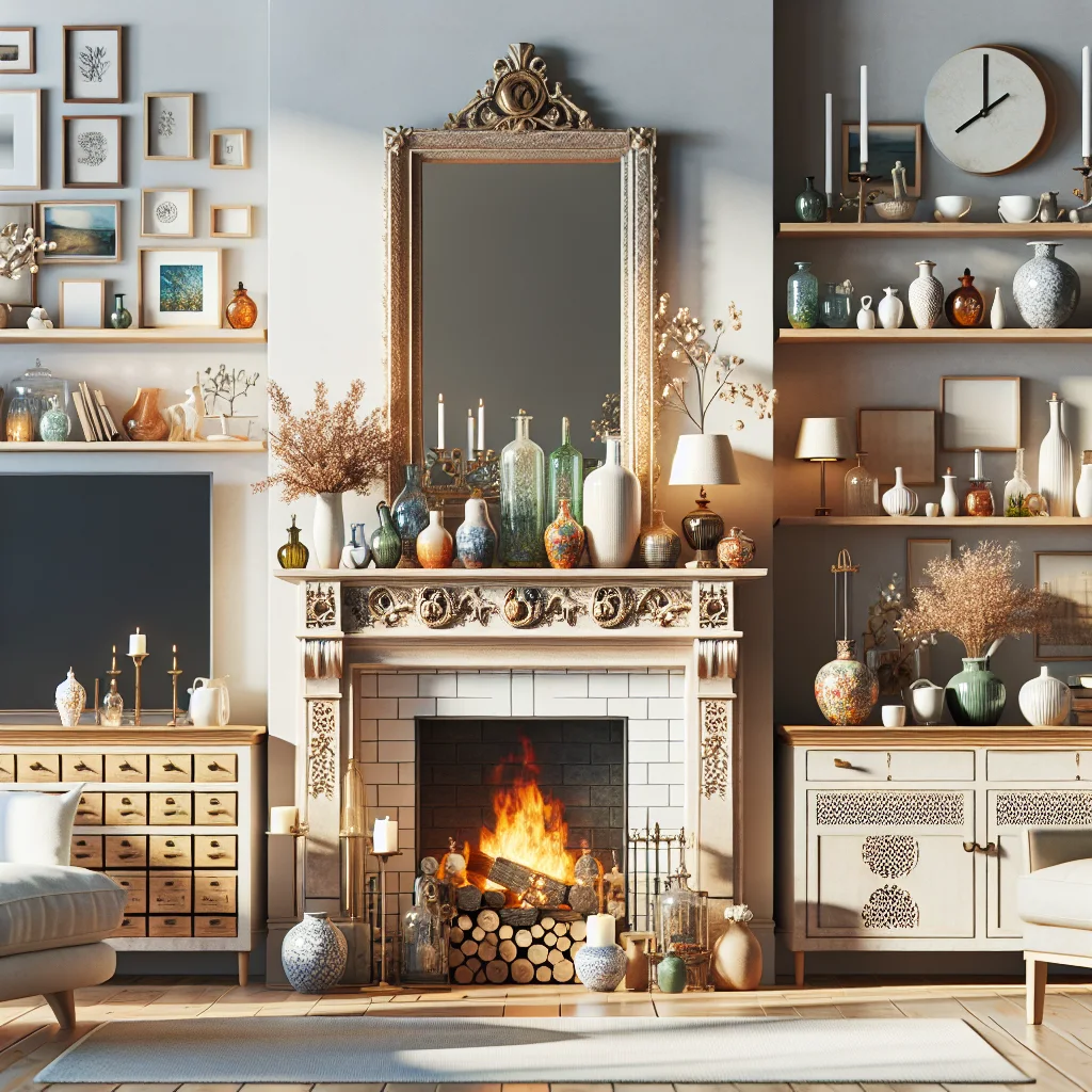 A cozy, decorated living room with a lit fireplace. Shelves and a mantle hold various vases and candles. A large ornate mirror, framed art, and a clock adorn the walls.