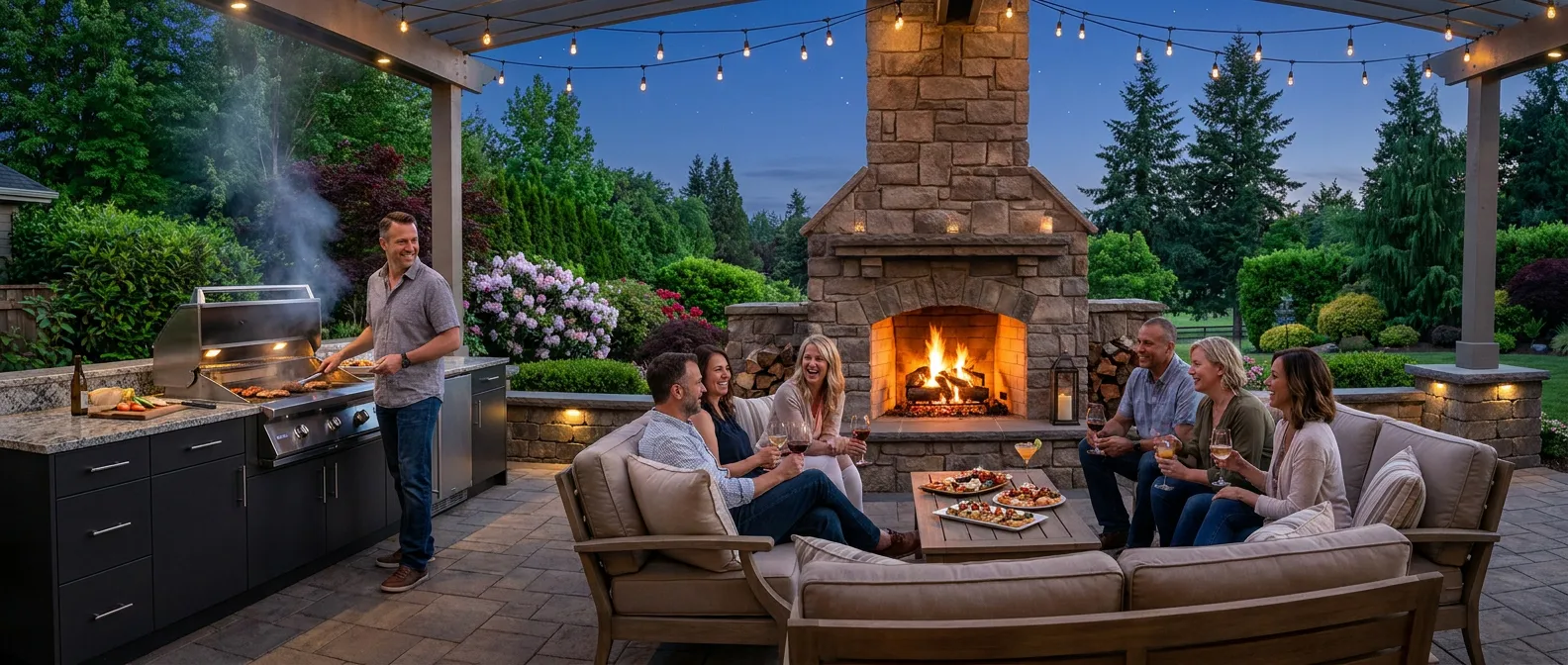 Man grilling at outdoor kitchen while six friends sit on cushioned sofas around a stone fireplace on a covered patio at dusk, holding drinks and sharing appetizers.