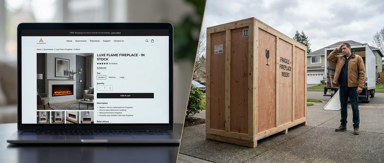 Laptop showing an online fireplace product page on left; on right a large wooden crate labeled Fragile Fireplace Insert sits on a driveway next to a man looking at it