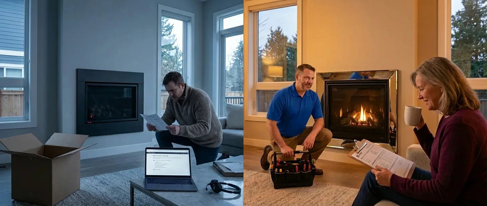 Split image: left man reading near unlit fireplace with open box and laptop; right technician kneeling at lit fireplace while woman with clipboard sips coffee
